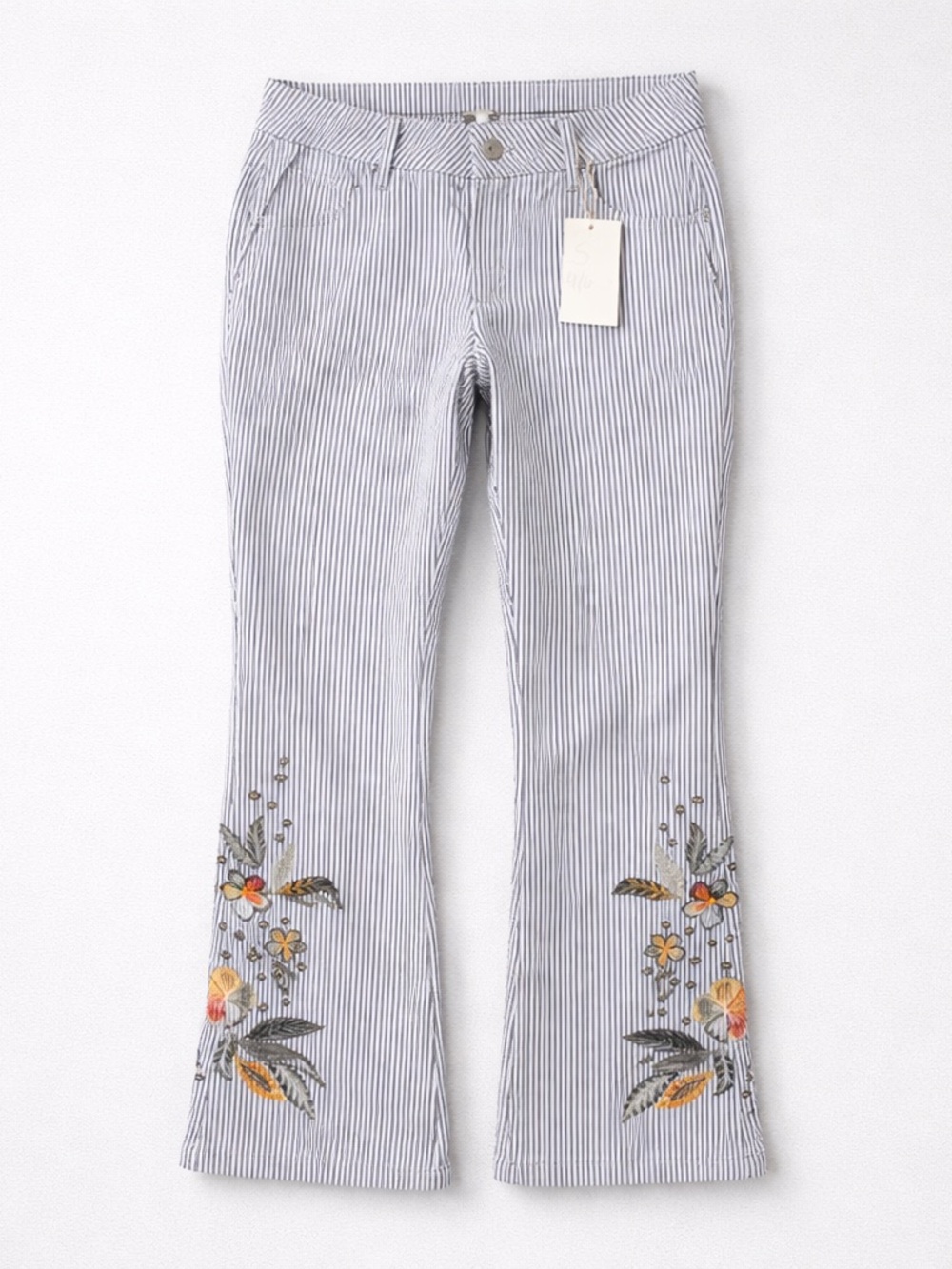 Flamingos Navy & White Embroidered Vertical Stripe Pants jeans